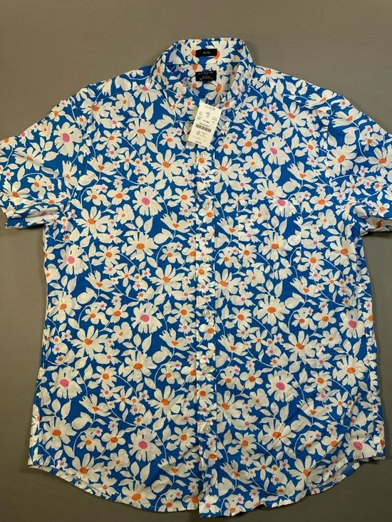 NWT J Crew Factory Short-Sleeve Printed Flex Casual Shirt, Slim Fit - Mens Large - Picture 6 of 14
